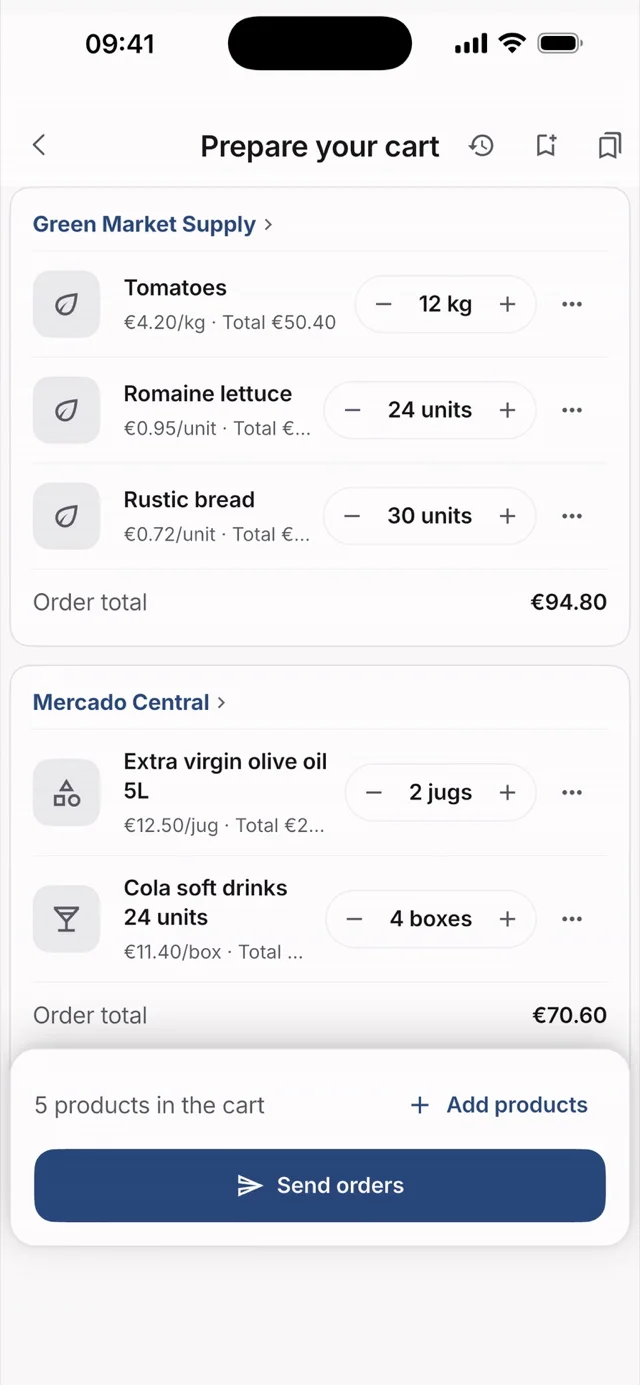 Hostelella cart grouped by supplier, with quantities, prices, each order's total and the “Send orders” button