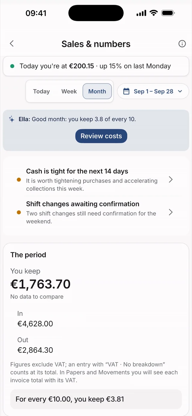 Sales, costs and margin for the period in the Hostelella app