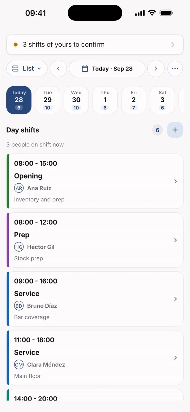 Today's shifts in Hostelella: list view of the week with opening, prep and service shifts, each with its hours and the person assigned