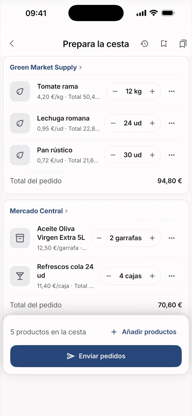 Cesta agrupada por proveedor en la app Hostelella