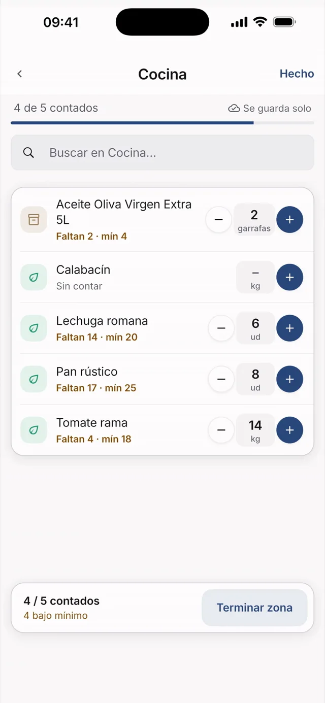 Recuento de la zona Cocina en Hostelella: cuatro de cinco productos contados, con lo que le falta a cada uno para llegar a su mínimo y el botón «Terminar zona»