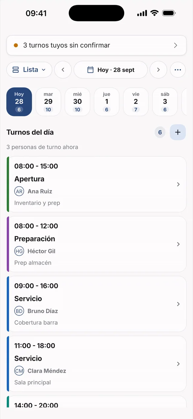 Cuadrante semanal de turnos en la app Hostelella