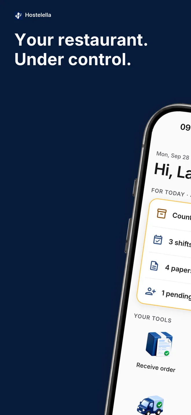 Hostelella app home screen with today's pending items: stock counts, shifts, paperwork and invitations