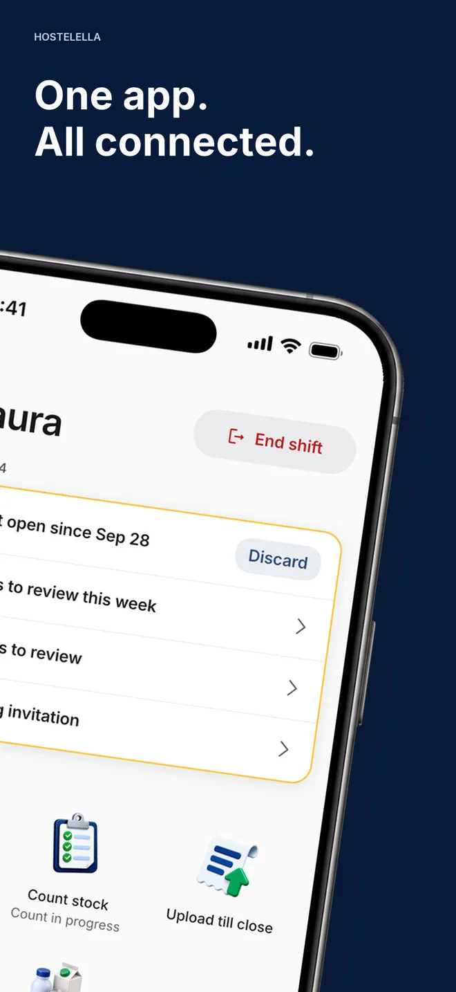 Hostelella app home screen with today's pending items and shortcuts to inventory and the till close