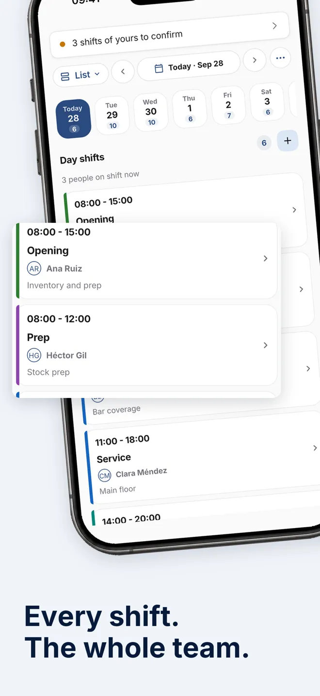 Today's shifts in the Hostelella app, with the hours and the person assigned to each shift