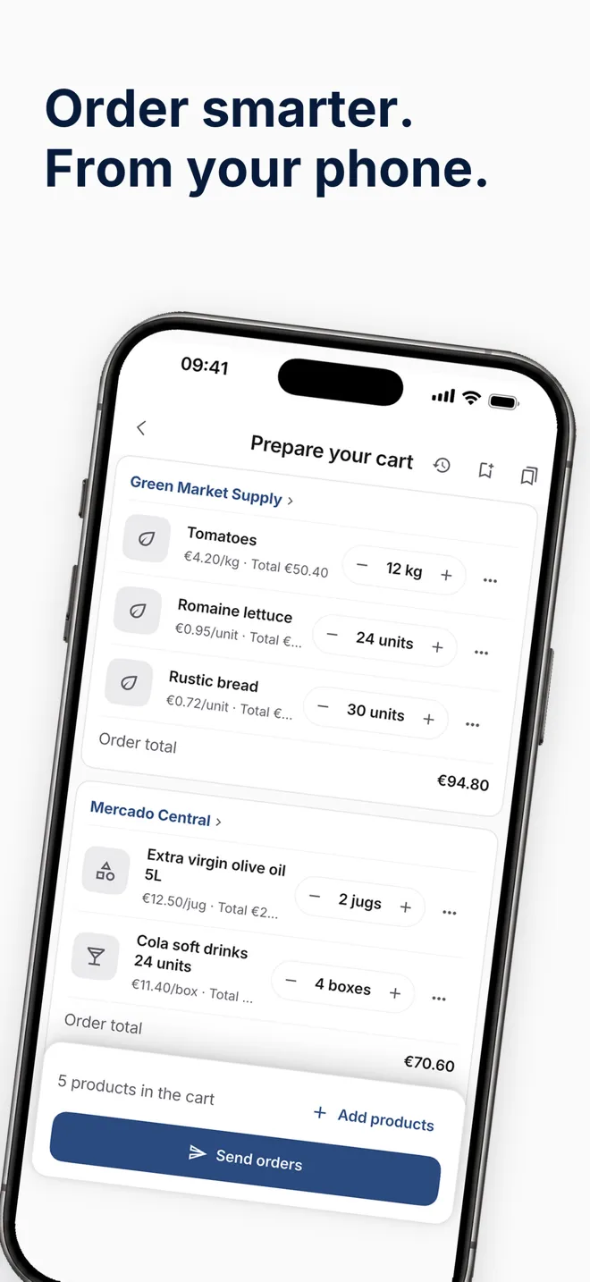 Cart in the Hostelella app, with products grouped by supplier and the total for each order