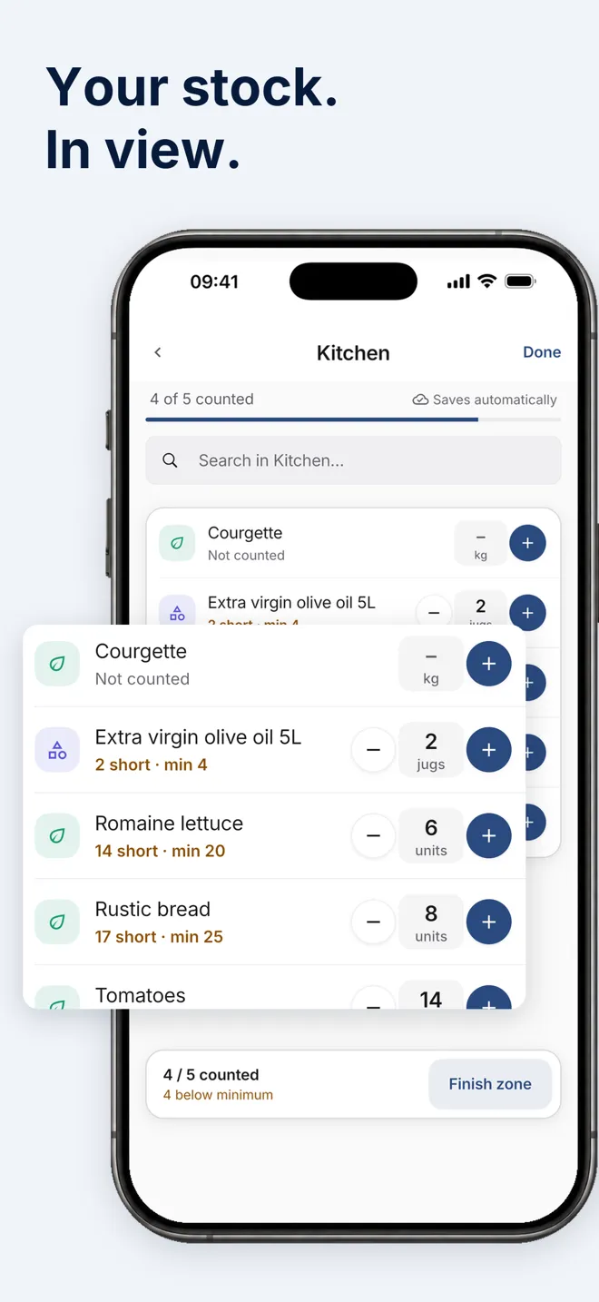 Kitchen stock count in the Hostelella app, flagging products below their minimum level