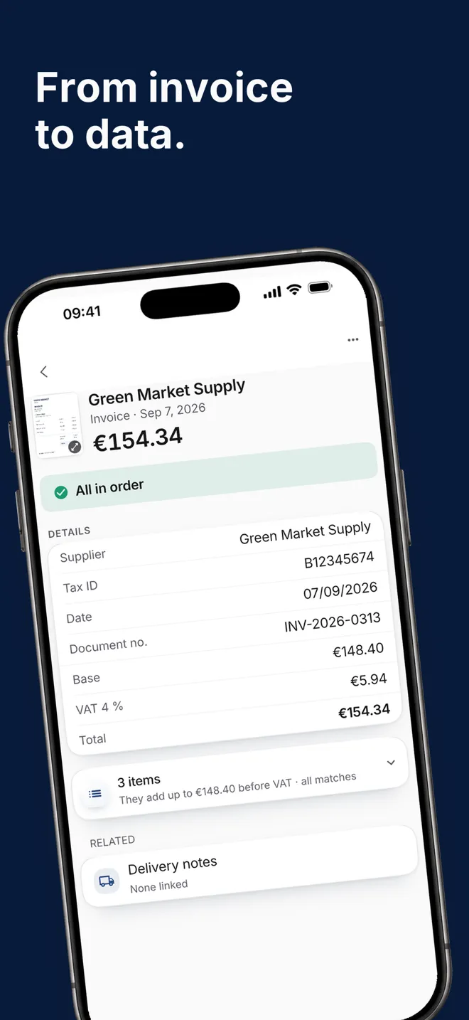 Invoice read by AI in the Hostelella app: supplier, tax ID, date, net amount, VAT and total