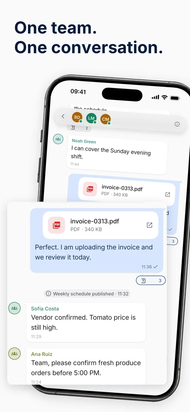 Team chat in the Hostelella app, with messages, an attached PDF invoice and the published-rota notice