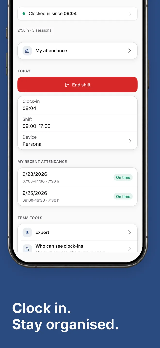 Hostelella Attendance screen showing a clock-in at 09:04, the “End shift” button, recent sessions and the export option
