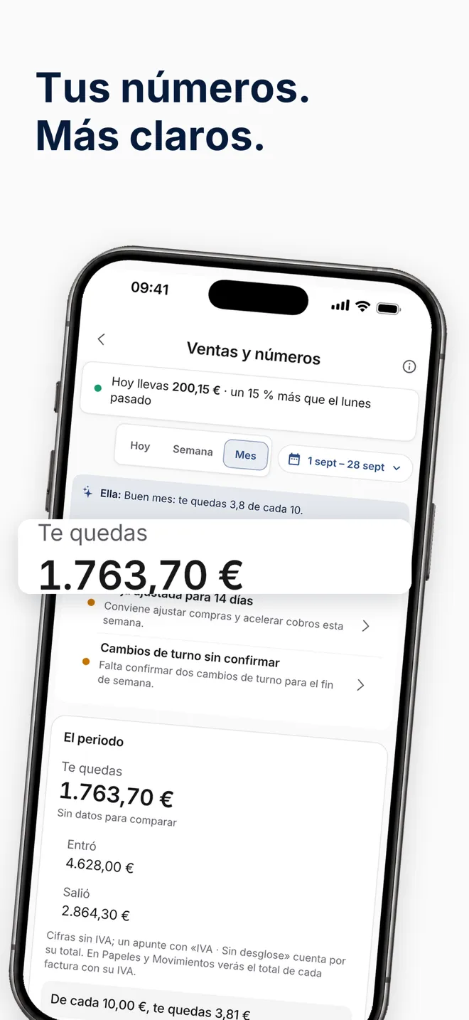 Pantalla «Ventas y números» de la app Hostelella con lo que entró, lo que salió y lo que queda en el mes
