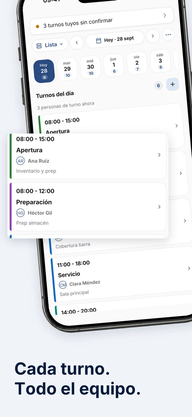 Turnos del día en la app Hostelella, con el horario y la persona asignada a cada turno