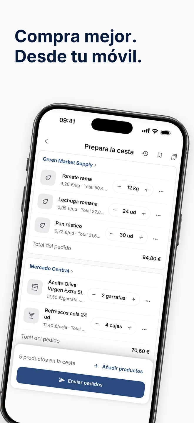 Cesta en la app Hostelella, con los productos agrupados por proveedor y el total de cada pedido