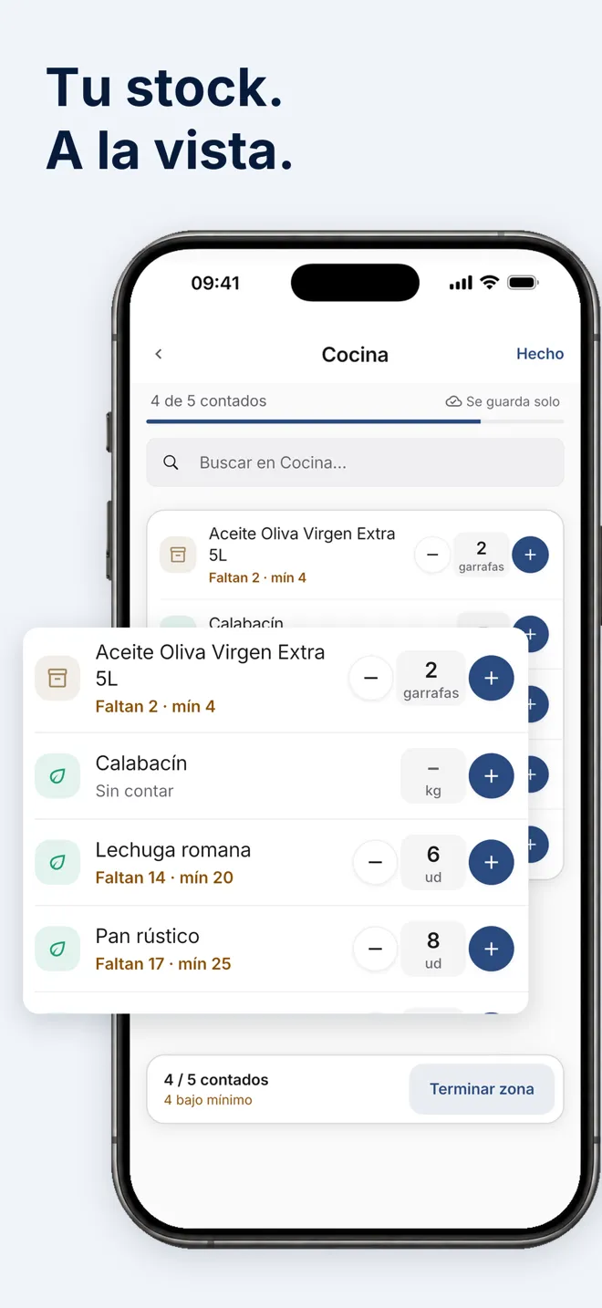 Recuento de inventario de la cocina en la app Hostelella, con los productos que están bajo mínimos